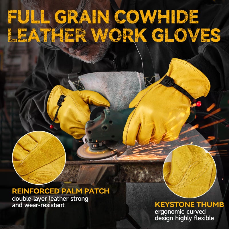 OZERO Leather Work Gloves for Men: Medium 1 Pair Cowhide Working Gloves for Driving Heavy Duty Mechanic Ranch - Women Gardening Glove - Image 2